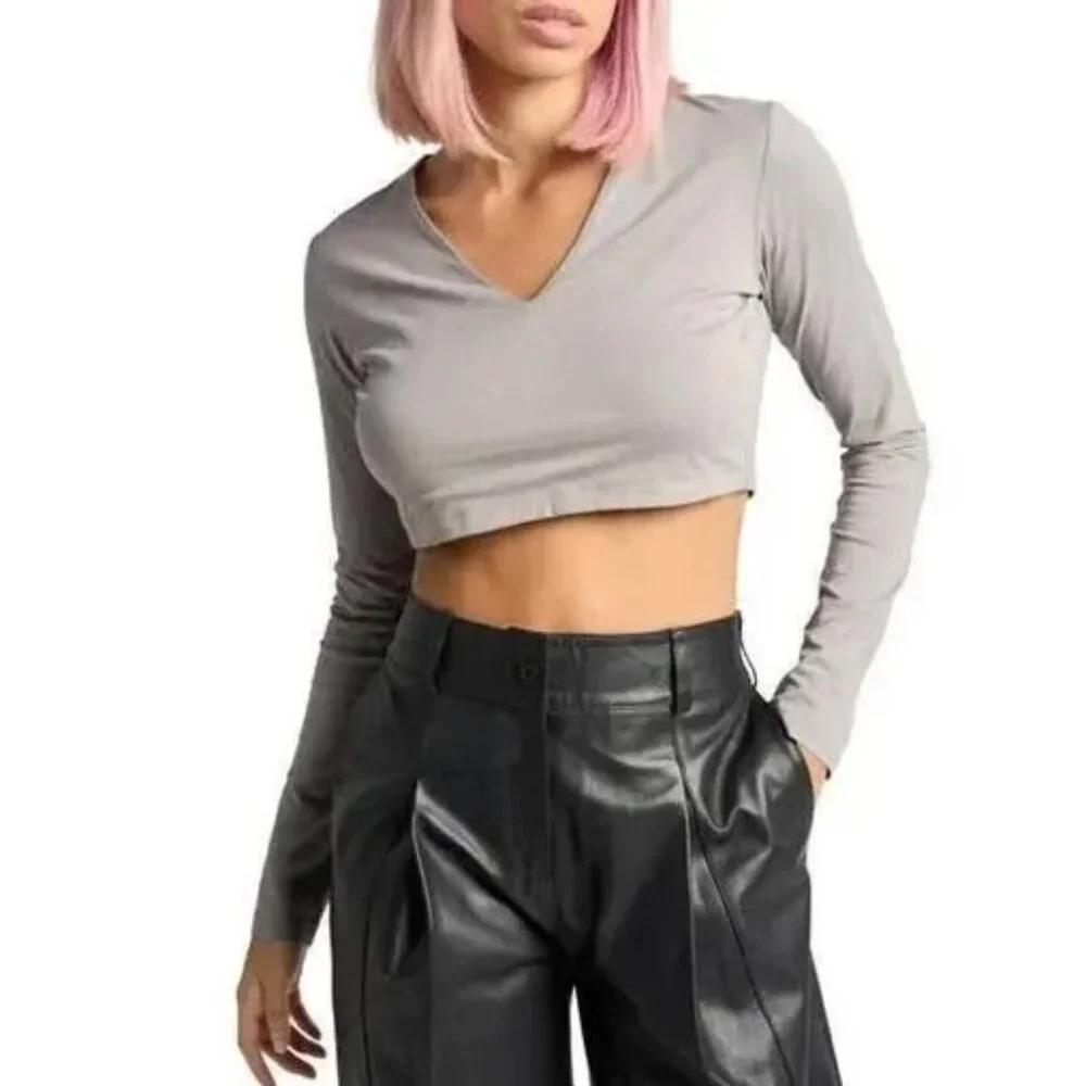 Gray Long Sleeve Crop Top - Picture 1 of 7